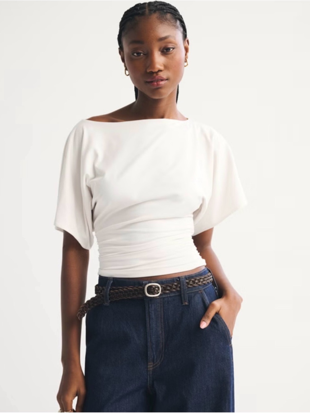 Abercrombie & Fitch Off-White Boatneck Ruched Waist Top